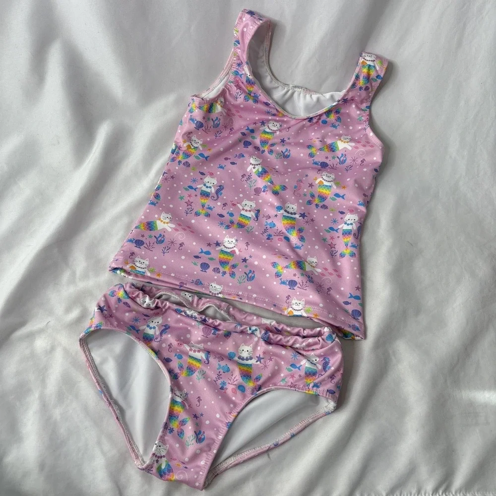 Upper Looper Girls 9 Cat Mermaid Swim Bathing Suit 3 Pc Rashuard Seahorse Pink